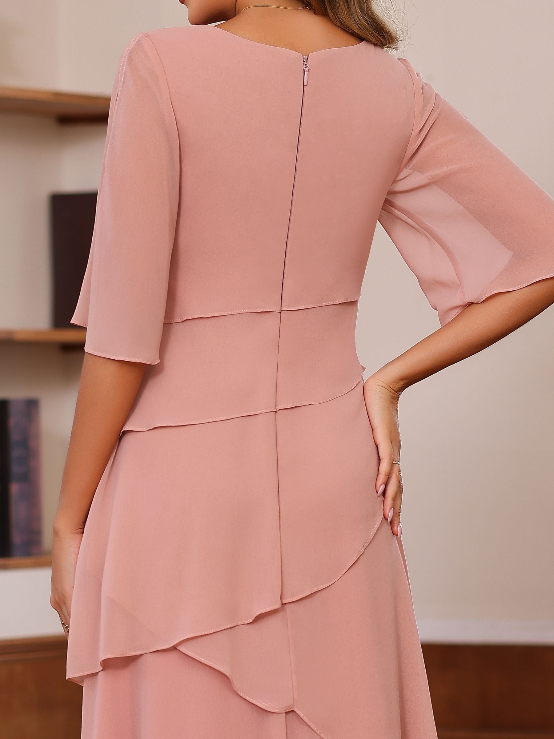 A Line Princess Scoop Neck Half Sleeves Floor Length Mother Of The Bride Dresses With Ruffles