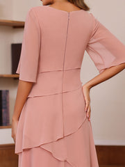 A Line Princess Scoop Neck Half Sleeves Floor Length Mother Of The Bride Dresses With Ruffles
