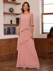 A Line Princess Scoop Neck Half Sleeves Floor Length Mother Of The Bride Dresses With Ruffles