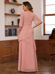 A Line Princess Scoop Neck Half Sleeves Floor Length Mother Of The Bride Dresses With Ruffles