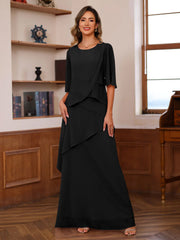 A Line Princess Scoop Neck Half Sleeves Floor Length Mother Of The Bride Dresses With Ruffles