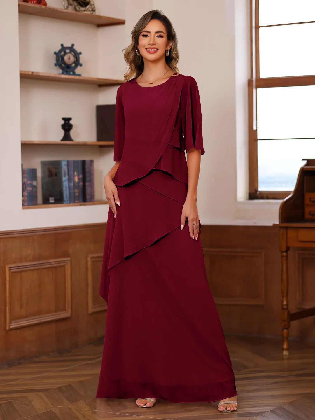 A Line Princess Scoop Neck Half Sleeves Floor Length Mother Of The Bride Dresses With Ruffles