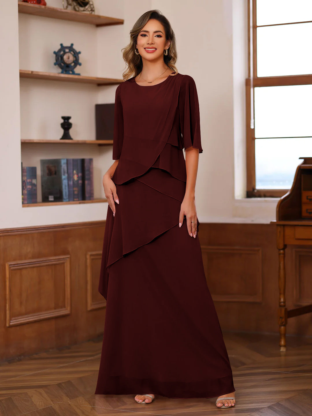 A Line Princess Scoop Neck Half Sleeves Floor Length Mother Of The Bride Dresses With Ruffles