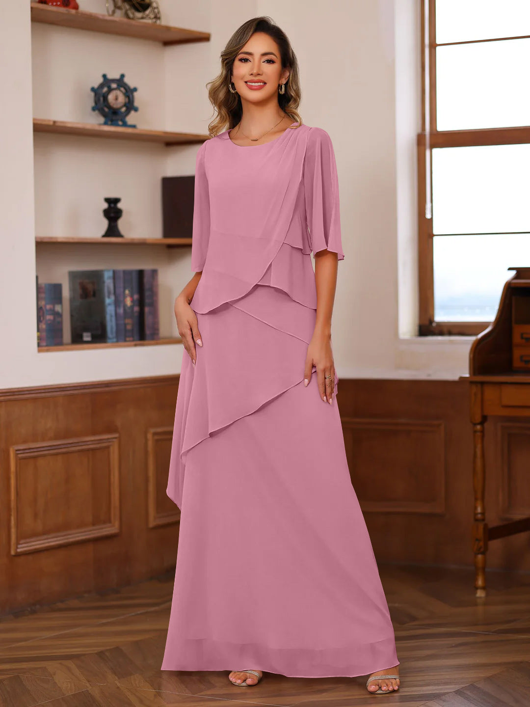 A Line Princess Scoop Neck Half Sleeves Floor Length Mother Of The Bride Dresses With Ruffles