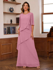 A Line Princess Scoop Neck Half Sleeves Floor Length Mother Of The Bride Dresses With Ruffles
