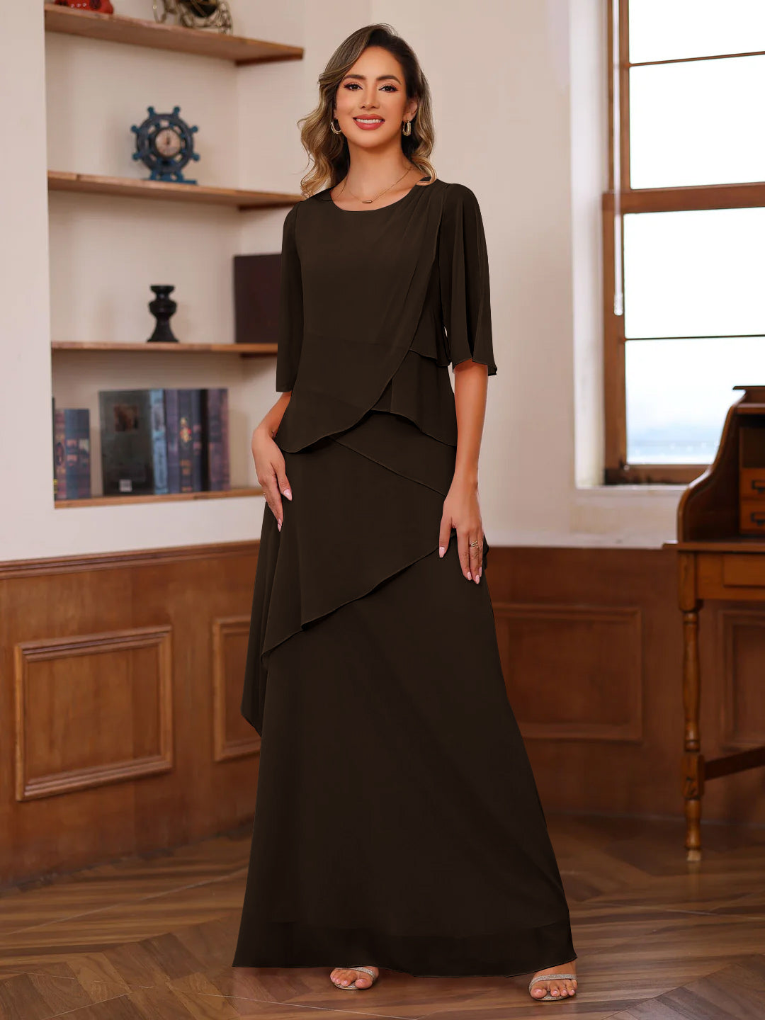A Line Princess Scoop Neck Half Sleeves Floor Length Mother Of The Bride Dresses With Ruffles
