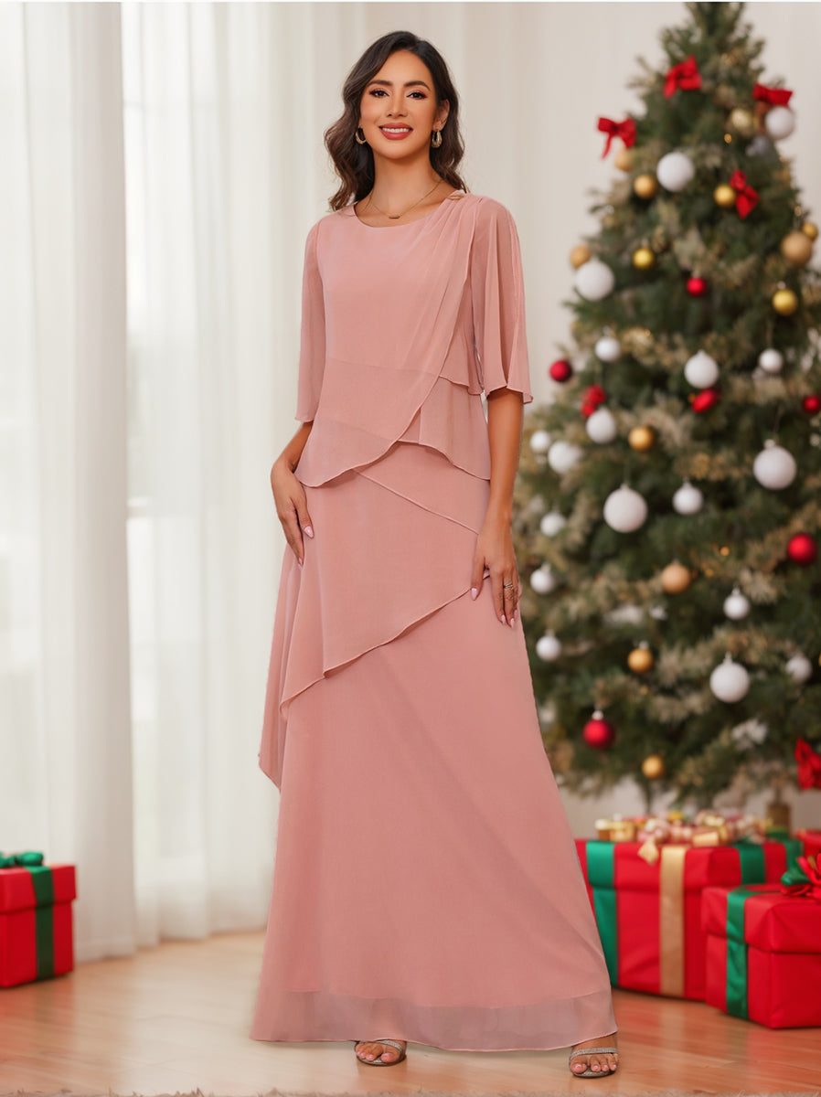 A Line Princess Scoop Neck Half Sleeves Floor Length Mother Of The Bride Dresses With Ruffles