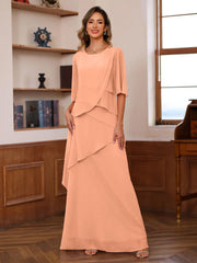 A Line Princess Scoop Neck Half Sleeves Floor Length Mother Of The Bride Dresses With Ruffles