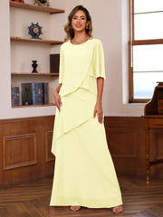 A Line Princess Scoop Neck Half Sleeves Floor Length Mother Of The Bride Dresses With Ruffles