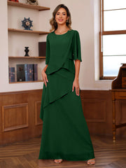 A Line Princess Scoop Neck Half Sleeves Floor Length Mother Of The Bride Dresses With Ruffles