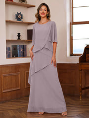 A Line Princess Scoop Neck Half Sleeves Floor Length Mother Of The Bride Dresses With Ruffles