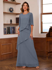 A-Line/Princess Scoop Neck Half Sleeves Floor-Length Mother of the Bride Dresses with Ruffles