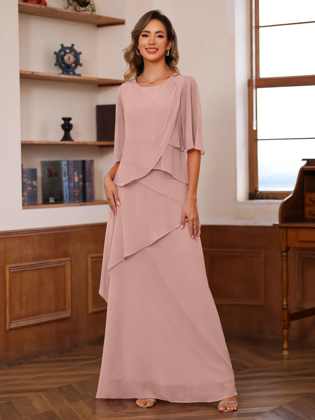 A Line Princess Scoop Neck Half Sleeves Floor Length Mother Of The Bride Dresses With Ruffles