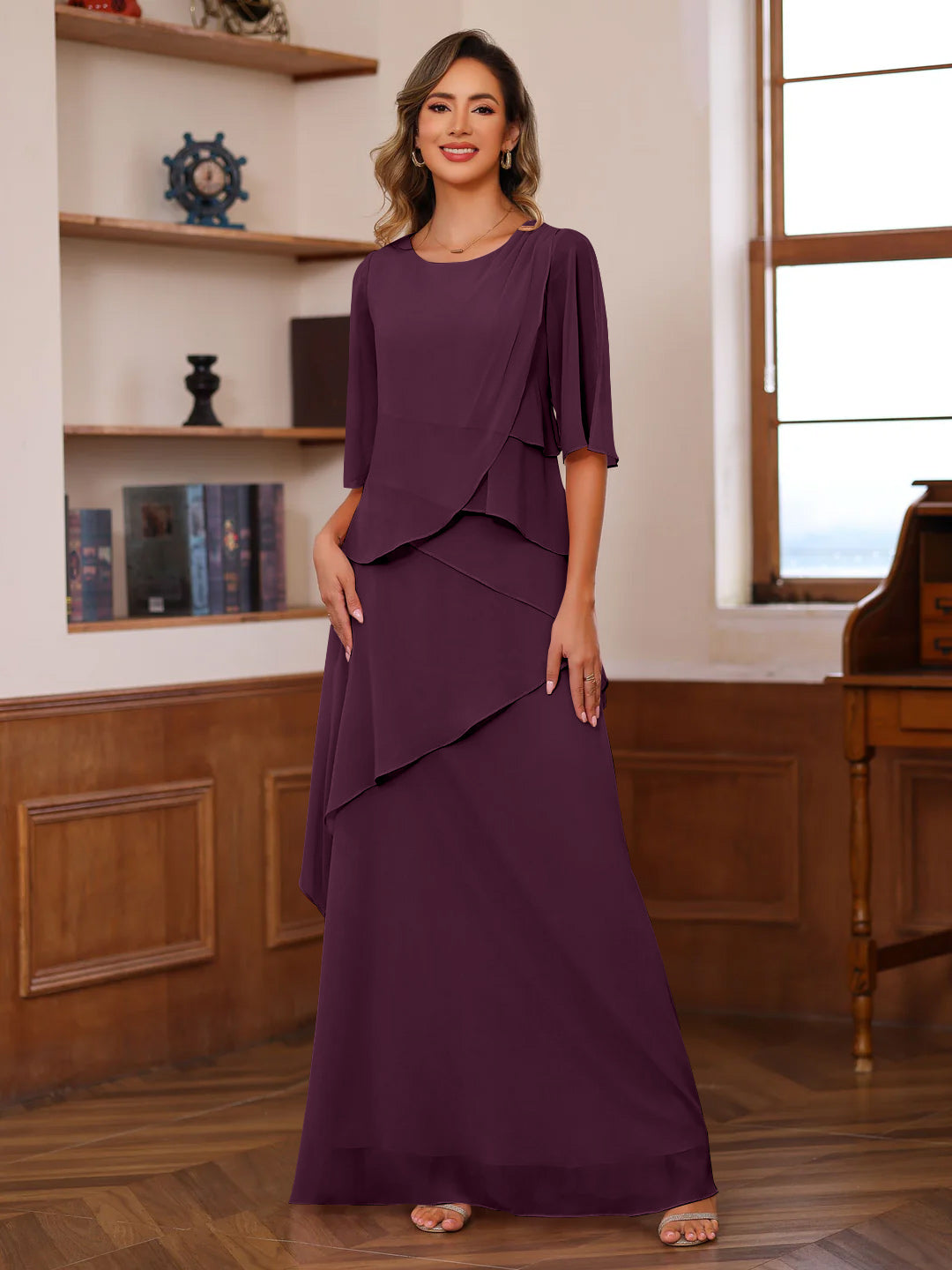 A Line Princess Scoop Neck Half Sleeves Floor Length Mother Of The Bride Dresses With Ruffles