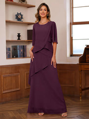 A Line Princess Scoop Neck Half Sleeves Floor Length Mother Of The Bride Dresses With Ruffles