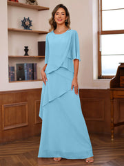 A Line Princess Scoop Neck Half Sleeves Floor Length Mother Of The Bride Dresses With Ruffles