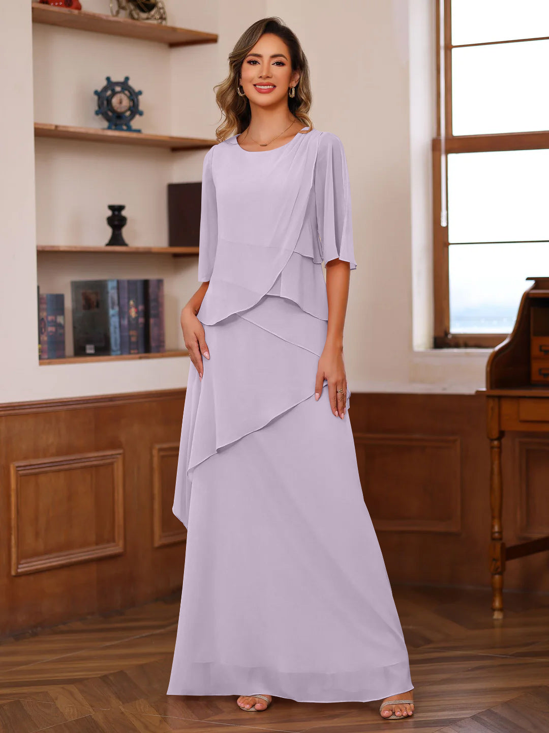 A Line Princess Scoop Neck Half Sleeves Floor Length Mother Of The Bride Dresses With Ruffles