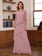 A Line Princess Scoop Neck Half Sleeves Floor Length Mother Of The Bride Dresses With Ruffles
