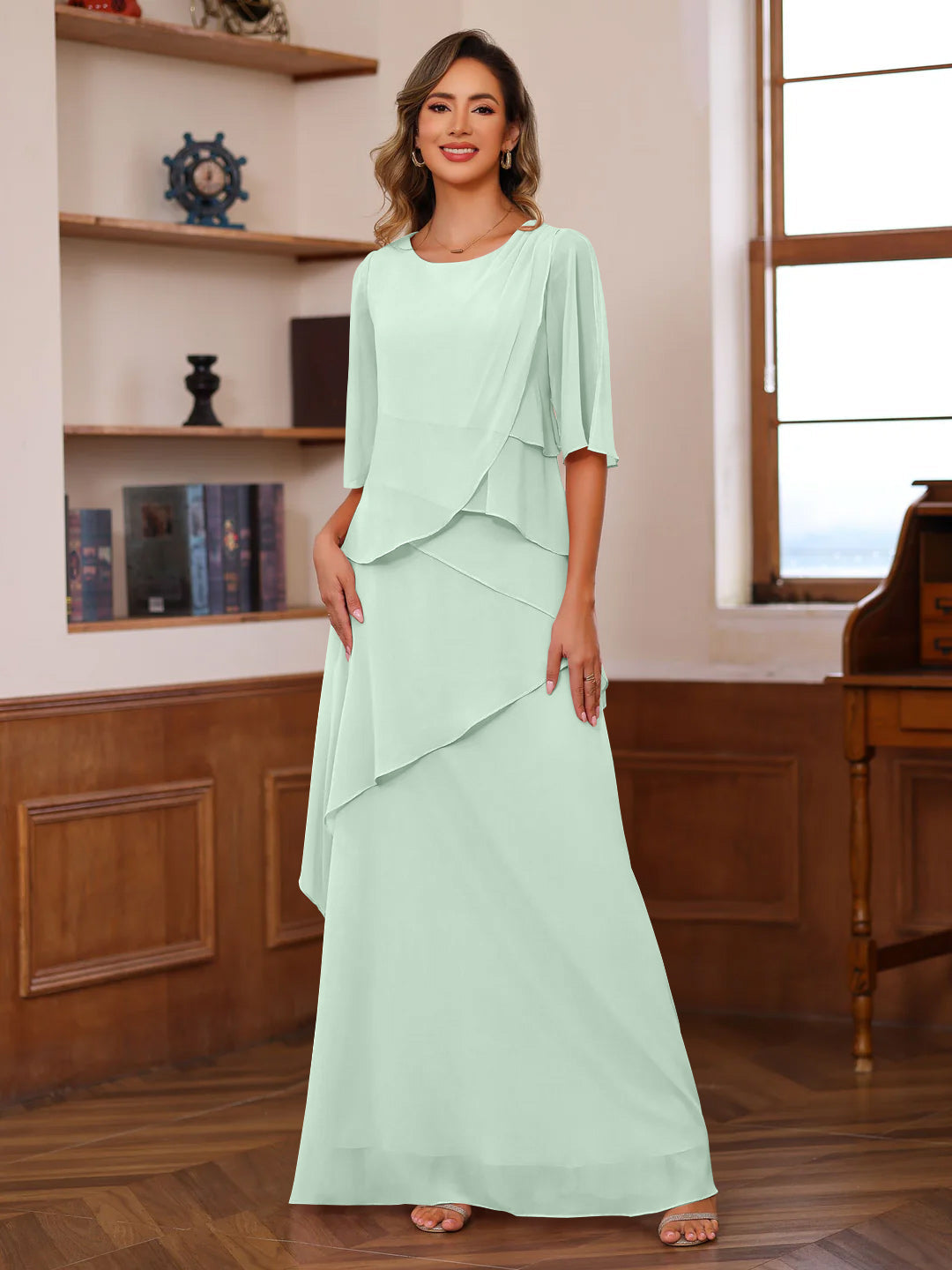 A Line Princess Scoop Neck Half Sleeves Floor Length Mother Of The Bride Dresses With Ruffles