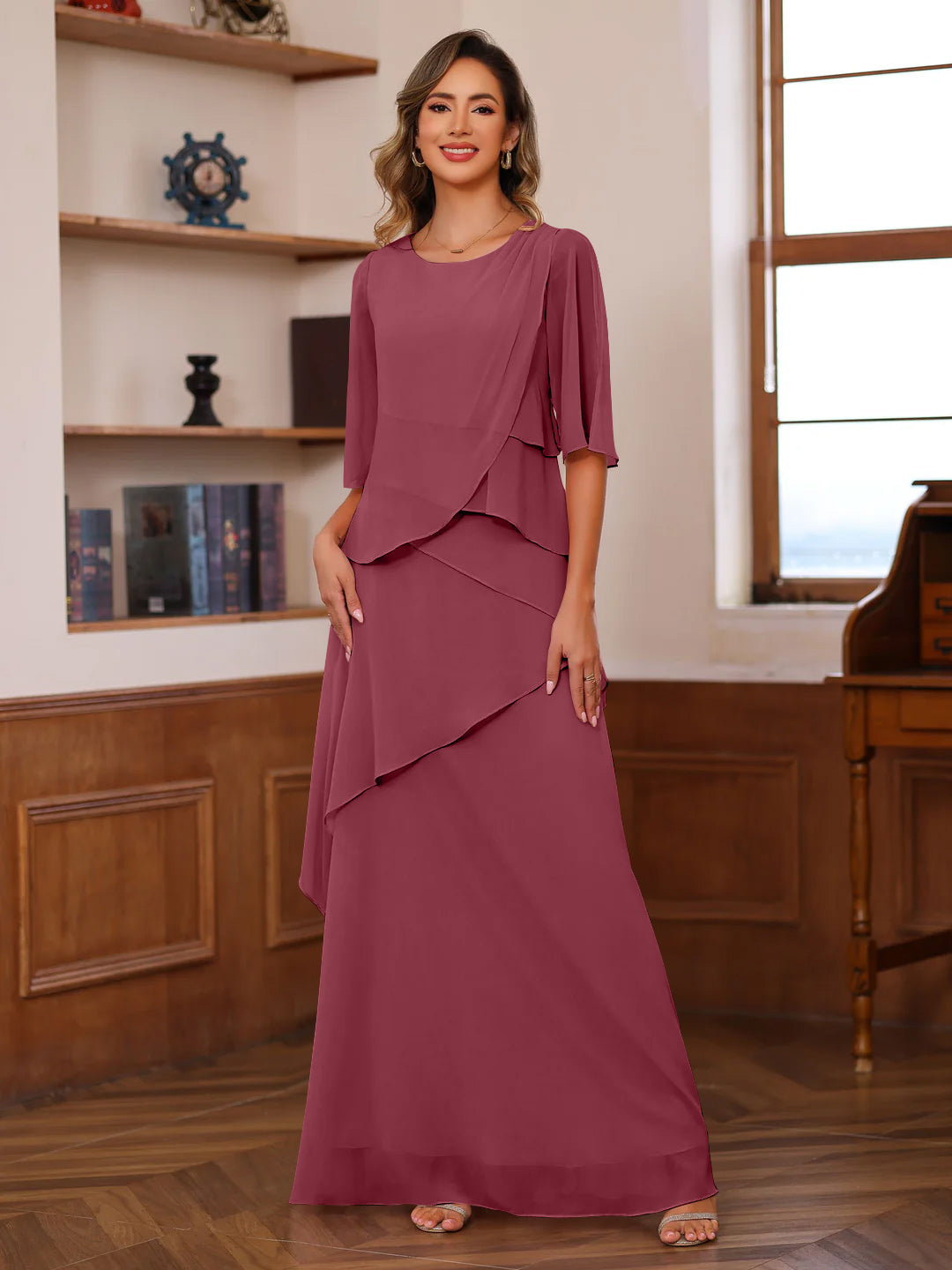 A Line Princess Scoop Neck Half Sleeves Floor Length Mother Of The Bride Dresses With Ruffles