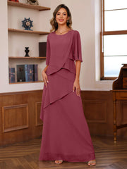 A-Line/Princess Scoop Neck Half Sleeves Floor-Length Mother of the Bride Dresses with Ruffles