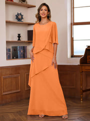 A Line Princess Scoop Neck Half Sleeves Floor Length Mother Of The Bride Dresses With Ruffles