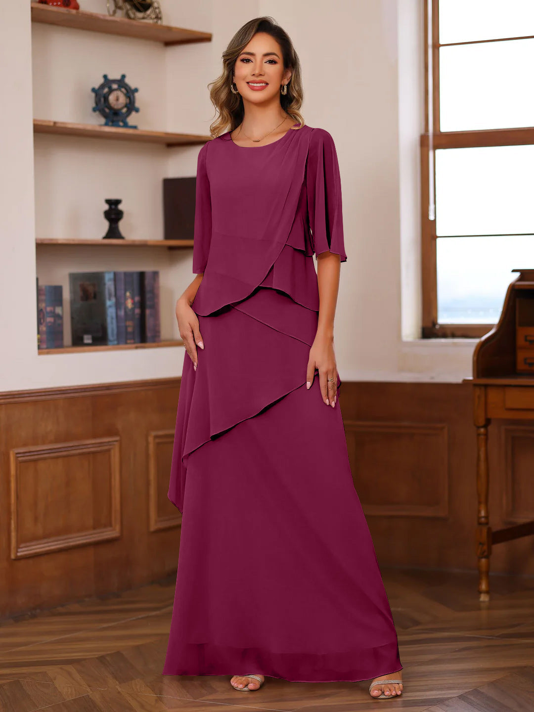 A Line Princess Scoop Neck Half Sleeves Floor Length Mother Of The Bride Dresses With Ruffles