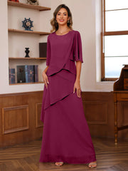A Line Princess Scoop Neck Half Sleeves Floor Length Mother Of The Bride Dresses With Ruffles