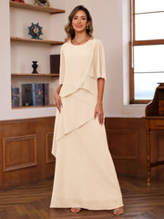A Line Princess Scoop Neck Half Sleeves Floor Length Mother Of The Bride Dresses With Ruffles