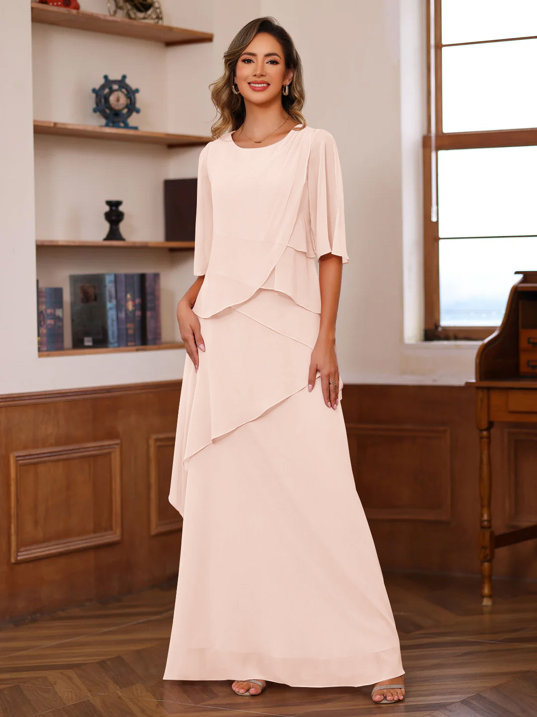 A Line Princess Scoop Neck Half Sleeves Floor Length Mother Of The Bride Dresses With Ruffles