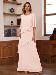 A Line Princess Scoop Neck Half Sleeves Floor Length Mother Of The Bride Dresses With Ruffles