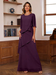 A Line Princess Scoop Neck Half Sleeves Floor Length Mother Of The Bride Dresses With Ruffles