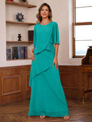 A-Line/Princess Scoop Neck Half Sleeves Floor-Length Mother of the Bride Dresses with Ruffles