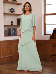 A Line Princess Scoop Neck Half Sleeves Floor Length Mother Of The Bride Dresses With Ruffles
