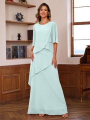 A Line Princess Scoop Neck Half Sleeves Floor Length Mother Of The Bride Dresses With Ruffles
