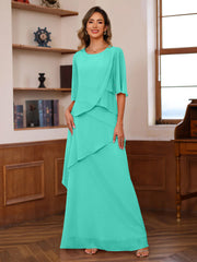 A Line Princess Scoop Neck Half Sleeves Floor Length Mother Of The Bride Dresses With Ruffles