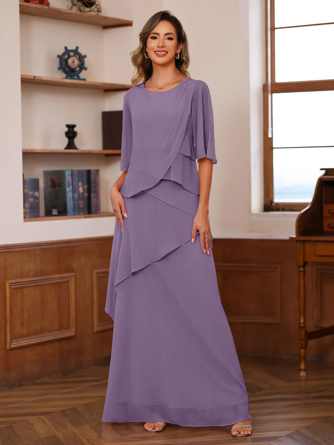 A Line Princess Scoop Neck Half Sleeves Floor Length Mother Of The Bride Dresses With Ruffles
