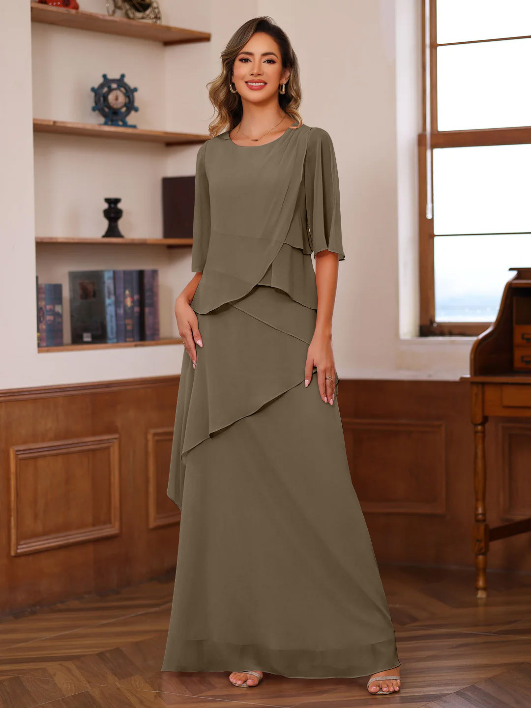 A Line Princess Scoop Neck Half Sleeves Floor Length Mother Of The Bride Dresses With Ruffles