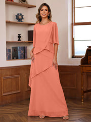 A Line Princess Scoop Neck Half Sleeves Floor Length Mother Of The Bride Dresses With Ruffles