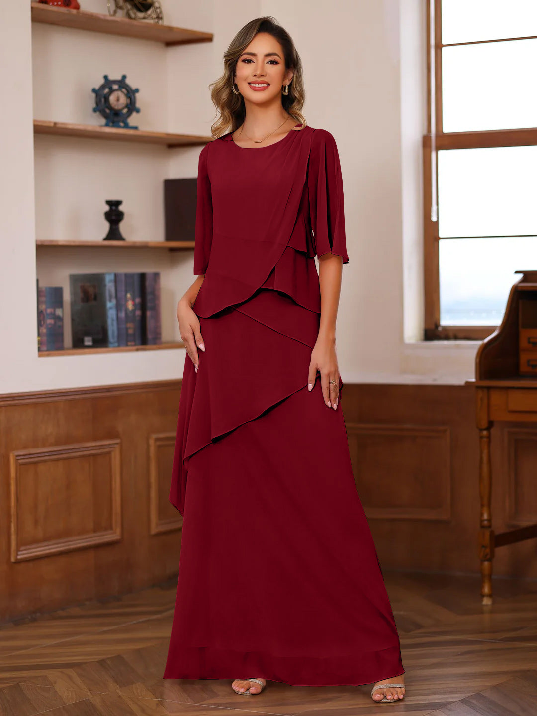 A Line Princess Scoop Neck Half Sleeves Floor Length Mother Of The Bride Dresses With Ruffles