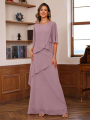 A Line Princess Scoop Neck Half Sleeves Floor Length Mother Of The Bride Dresses With Ruffles