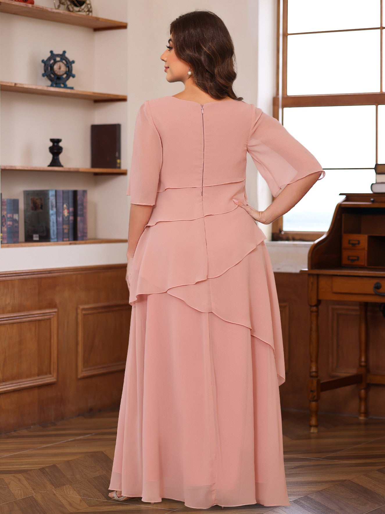 A Line Princess Scoop Neck Half Sleeves Floor Length Mother Of The Bride Dresses With Ruffles