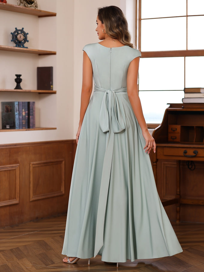 A Line Princess Scoop Neck Short Sleeves Floor Length Mother Of The Bride Dresses With Ruffles