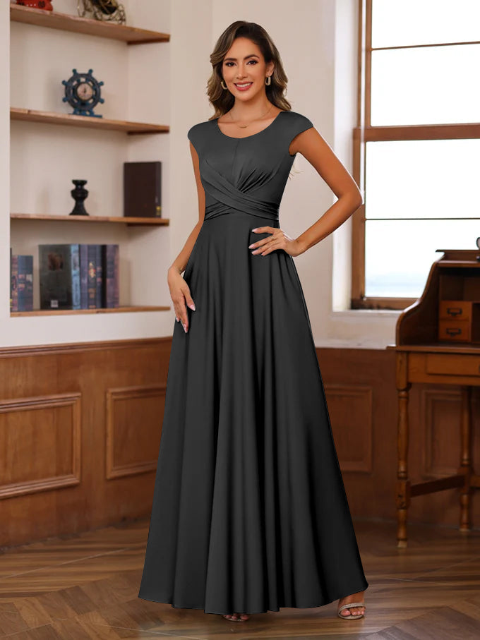 A Line Princess Scoop Neck Short Sleeves Floor Length Mother Of The Bride Dresses With Ruffles