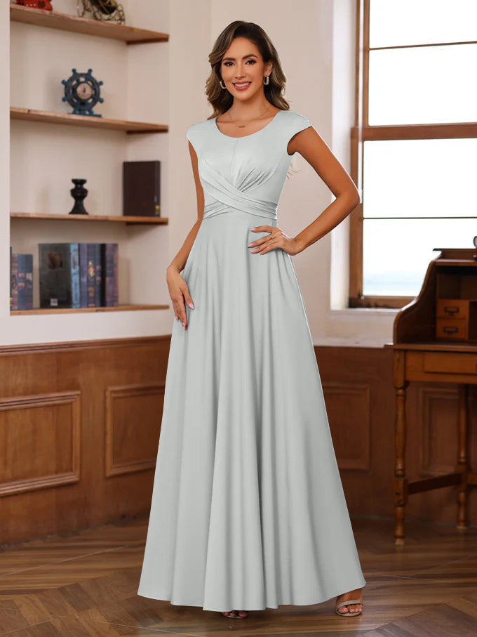 A Line Princess Scoop Neck Short Sleeves Floor Length Mother Of The Bride Dresses With Ruffles