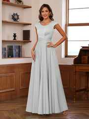 A Line Princess Scoop Neck Short Sleeves Floor Length Mother Of The Bride Dresses With Ruffles