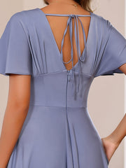 A Line Princess V Neck Short Sleeves Floor Length Mother Of The Bride Long Dresses With Ruffles