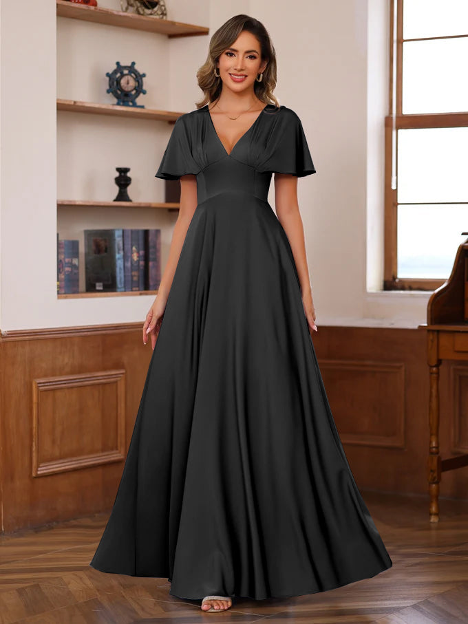 A Line Princess V Neck Short Sleeves Floor Length Mother Of The Bride Long Dresses With Ruffles