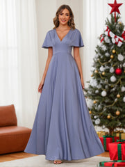 A Line Princess V Neck Short Sleeves Floor Length Mother Of The Bride Long Dresses With Ruffles