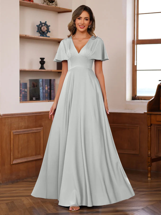 A Line Princess V Neck Short Sleeves Floor Length Mother Of The Bride Long Dresses With Ruffles